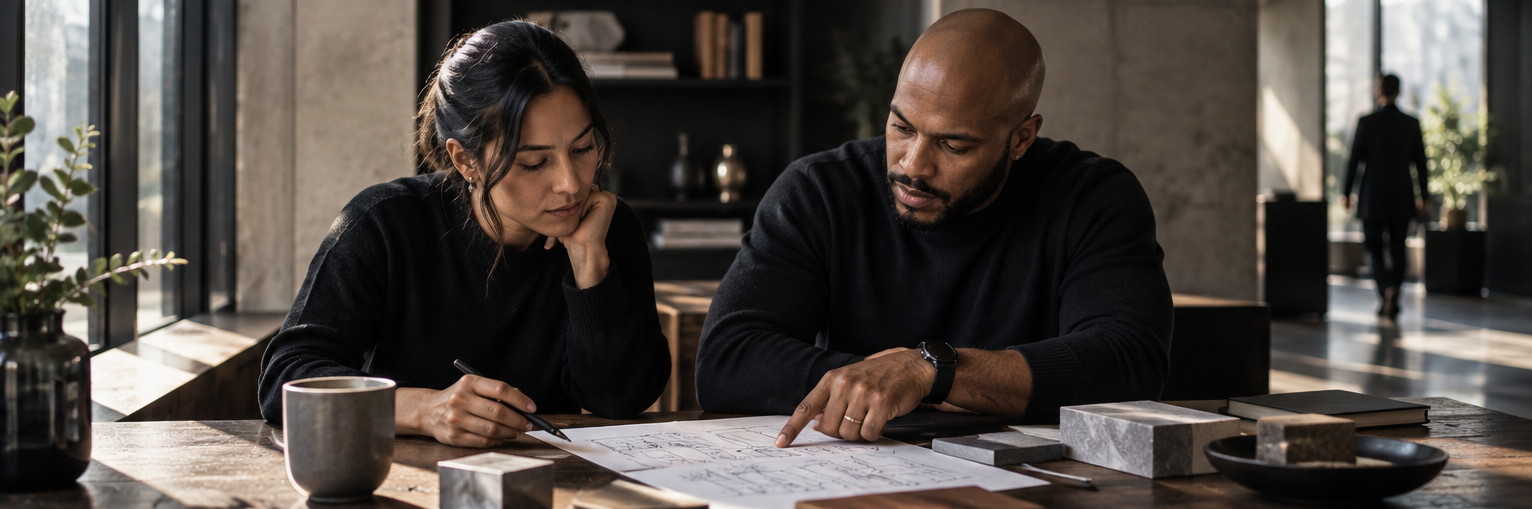 Dontae Ladson in a focused working session with a collaborator inside a sunlit architectural interior.