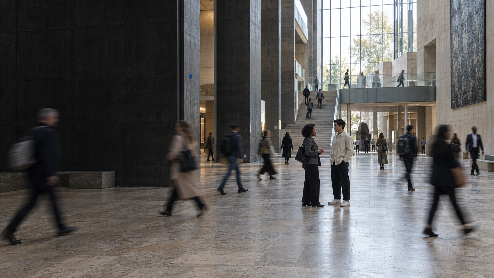People moving through a monumental public interior while two figures pause in focus.
